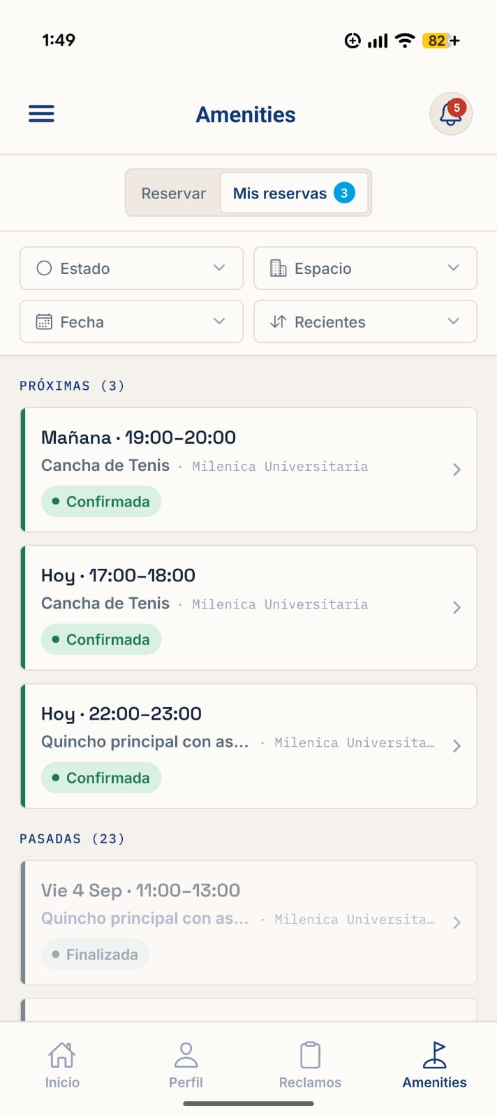 Mis reservas: próximas reservas confirmadas de la cancha y el quincho.